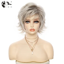 Mixed Blonde Short Natural Hair Synthetic Wig For Women Wavy Femail Hair Wig With Bangs High Temperature Daily Cosplay Daily Wig