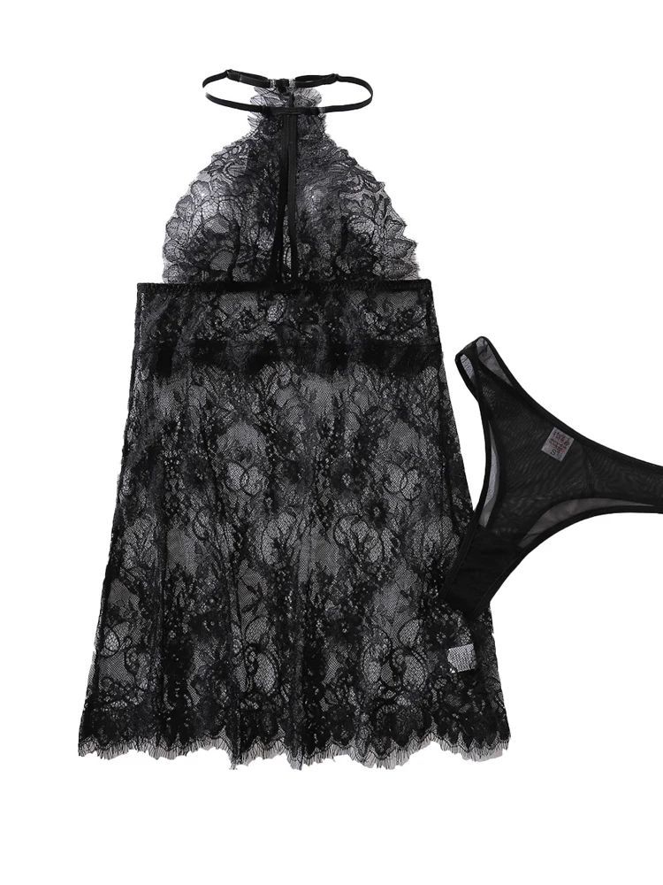 

Belamimi Women's Sexy Lace Nightgown Suit with Lace Suspender Skirt Pajamas Home Clothes Lingerie Set