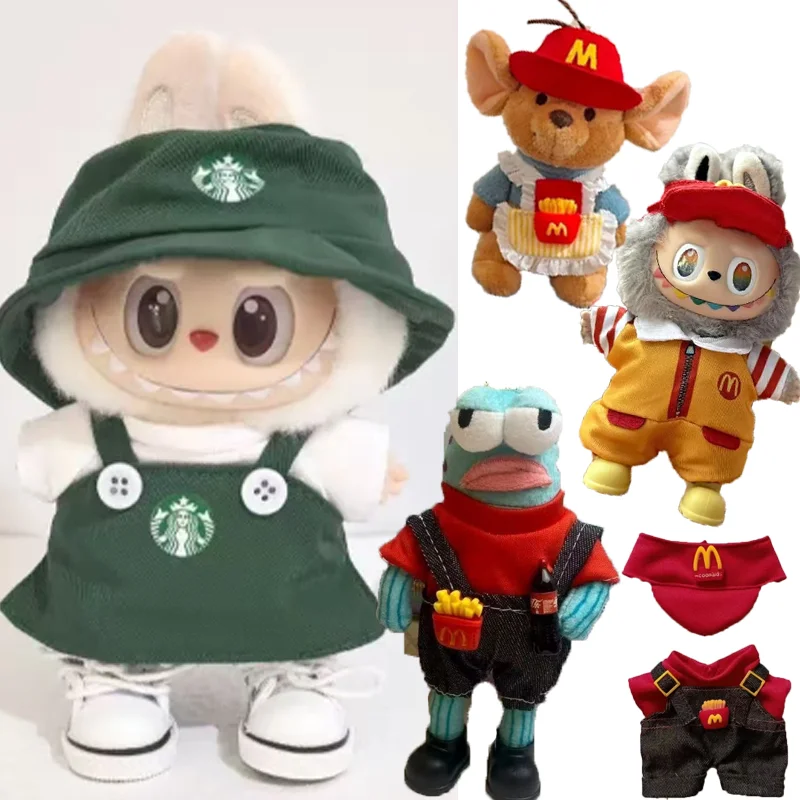 Für Labubu/Roo Mouse/Cool Fish 15-17 cm Puppen: Fast-Food-Accessoires – Pommes Frites, Hamburger, modische Kaffee-Schürze, Cosplay-Kleidung
