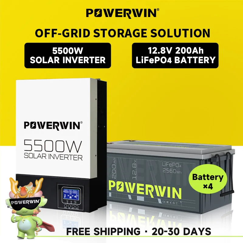 POWERWIN BT200 LifePO4 12V 200Ah/2560Wh HI5500 Hybrid Solar Inverter 5500W 48V Pure Sine Wave 100A MPPT Off-grid LCD 48V Battery