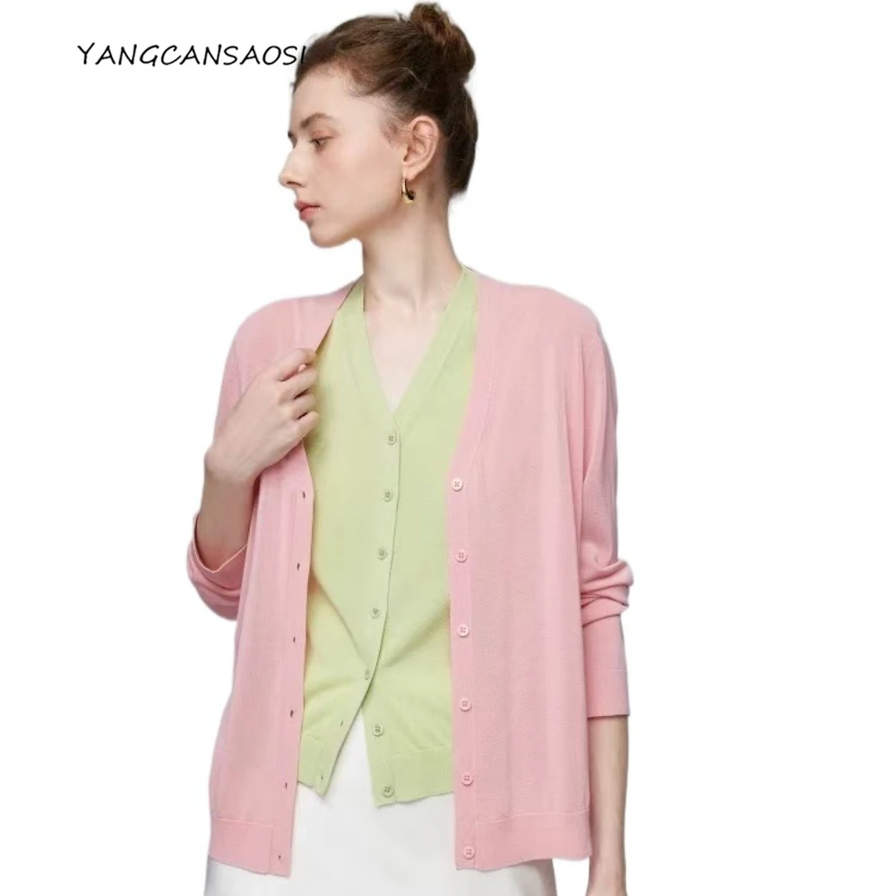 

Женский весенне-осенний новый вязаный кардиган из 100% шерсти высокой плотности, однотонный, с v-образным вырезом, свободный кардиган в ленивом стиле