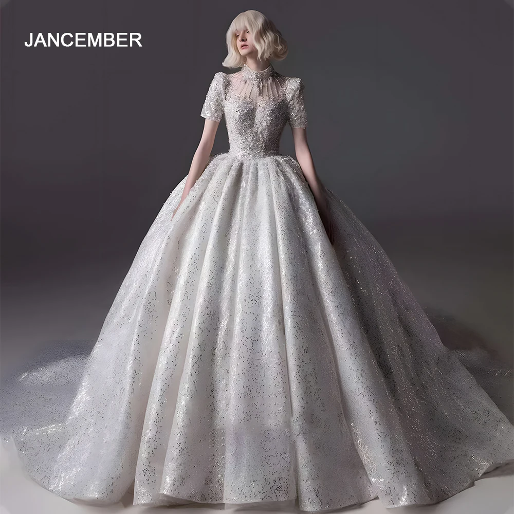 Jancember wholesale Customization Wedding Dresses Ball Gown Sequins High Neck Short Sleeves Backless Vestidos De Novia LSHT008