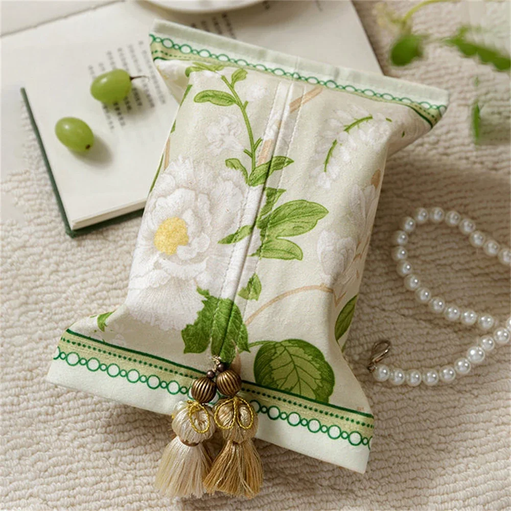 french-high-end-car-tissue-box-living-room-home-decoration-printing-storage-short-velvet-fabric-tissue-set-green-pastoral-style