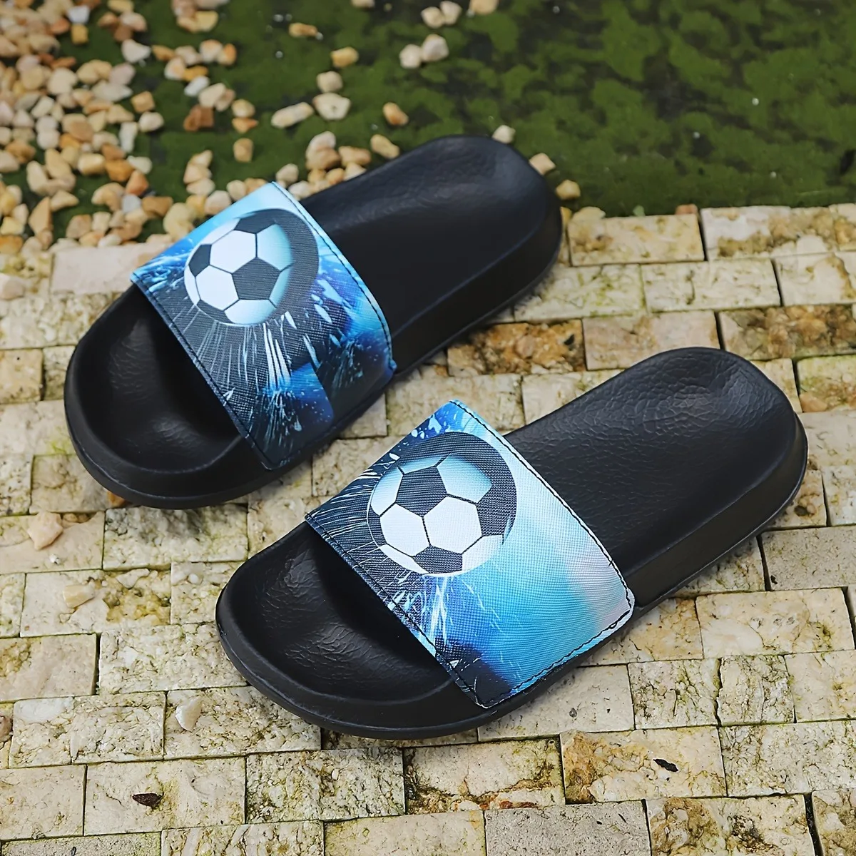 Children's Soccer Slippers, Lightweight Eva Soles for Boys and Girls, Black with a Tech-Inspired Soccer Design, Suitable for Home, Outdoor Beach, and All Seasons