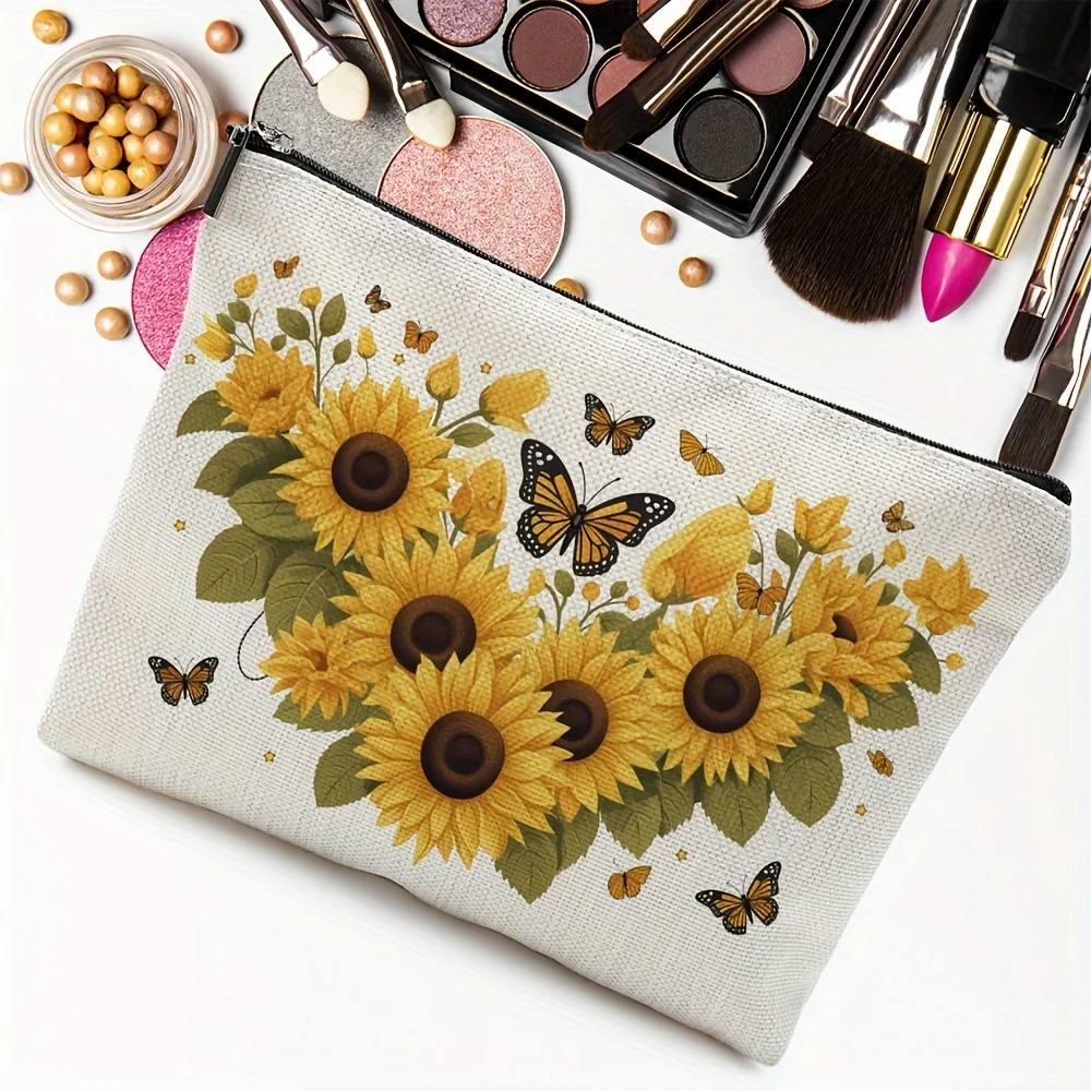 Sunflower & Butterfly Cosmetic Bag - Versatile Toiletry Organizer - Ideal Friendship/Valentine\'s Day Gift - Secure Zip Closure