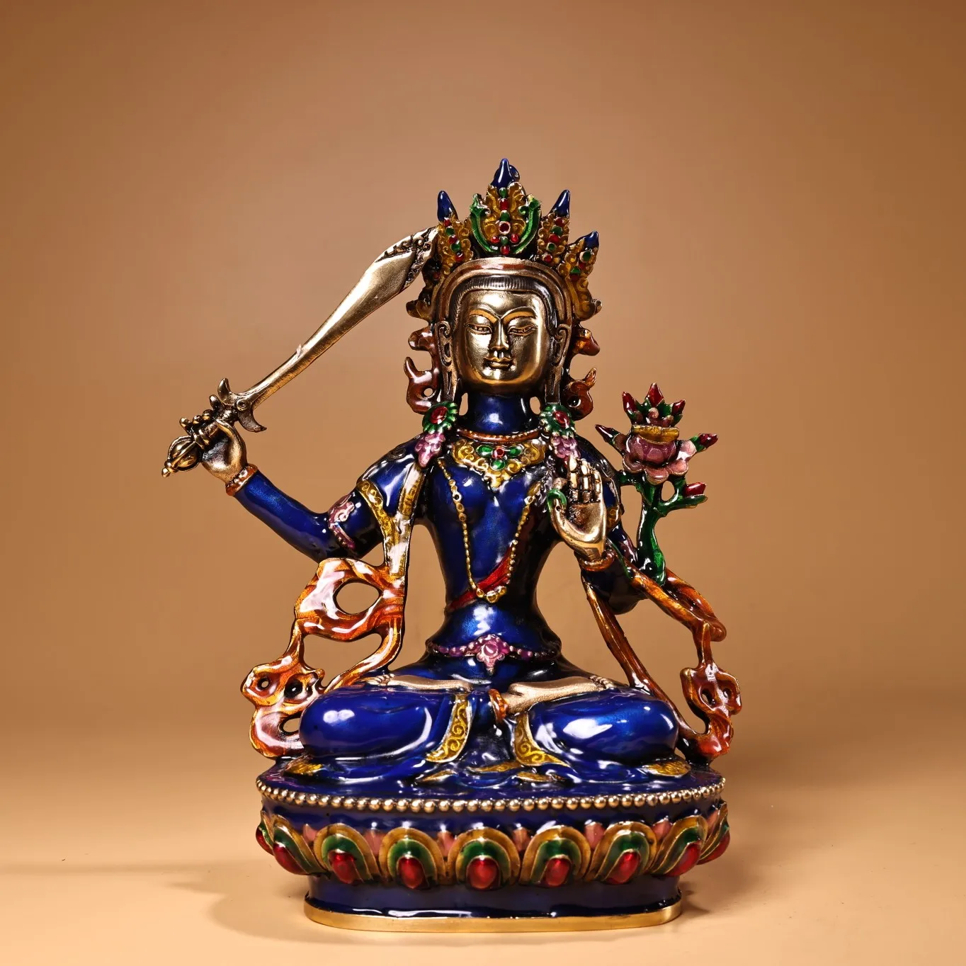 

8"Tibetan Temple Collection Old Bronze Cinnabar Cloisonne Enamel Manjushri Bodhisattva Sitting Buddha Worship Hall Town house