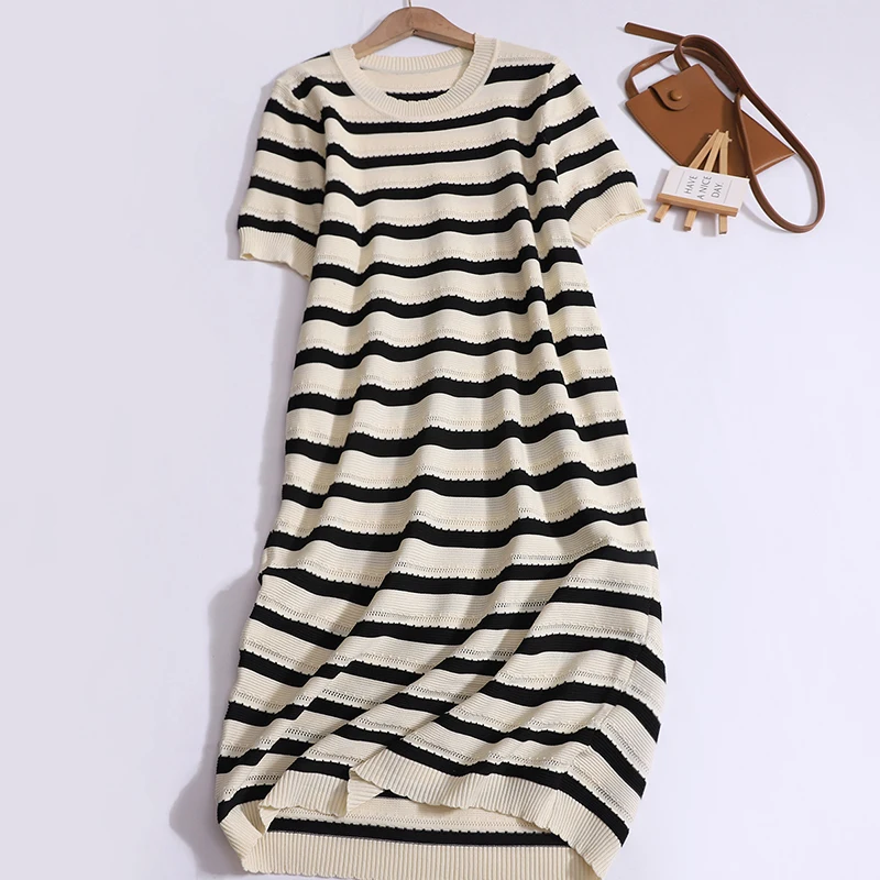 Striped Knit Dress Women's Summer Loose T-shirt Dress Fashion Casual Crew Neck Short-sleeved Dresses