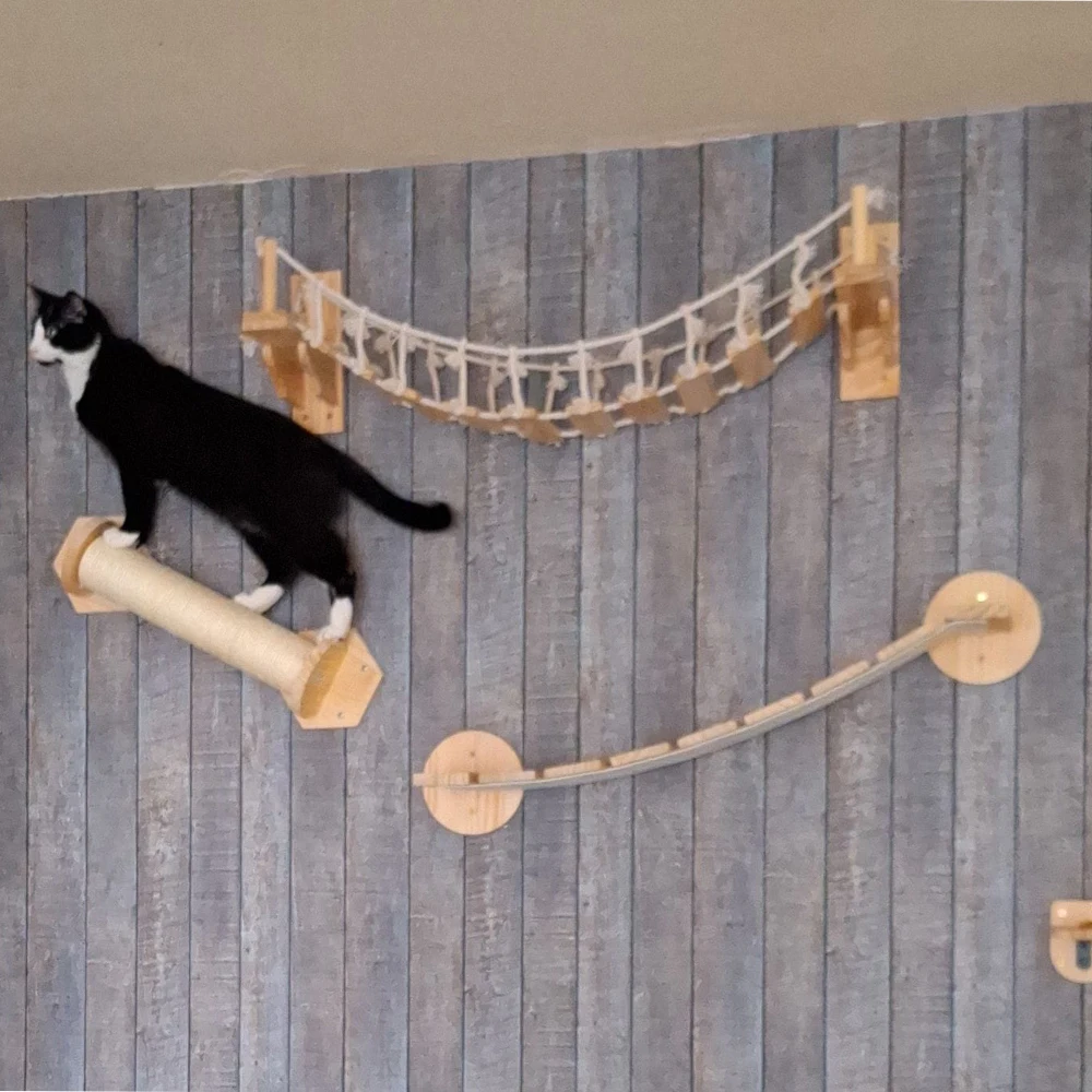 Wall Mounted Cat Wooden Climbing Shelves Cat House and Jumping Platform with Pedals or Stairway for Kitten Perch and Rest