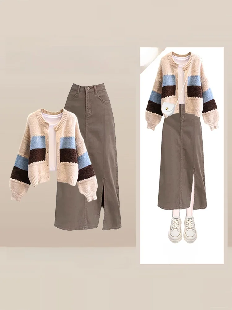 

Осенний модный женский корейский вязаный кардиган в полоску с юбкой, комплект из футболки, свитер, корейский слей...