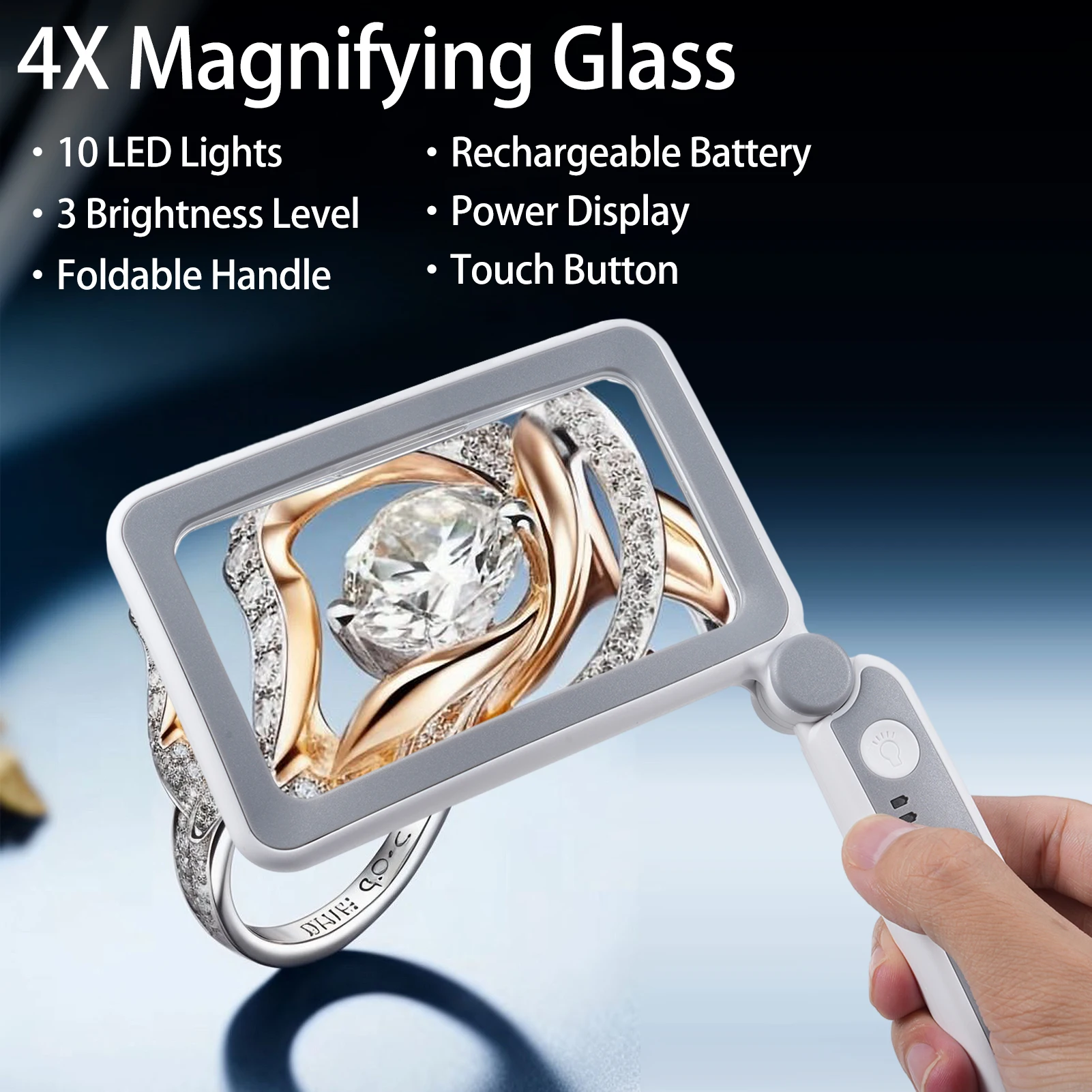 Handheld Magnifier 4X Magnifying Glass for Reading Full Book Page Newspaper Rectangular Magnifying Glass with Bright LED Lights