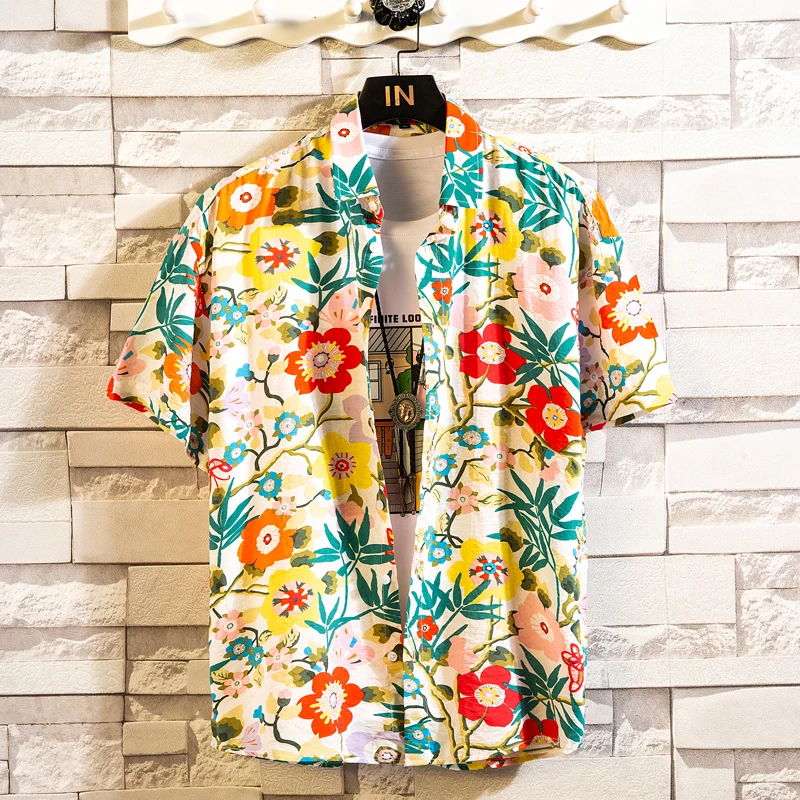 Summer Casual High Quality Cotton Mens Hawaiian Shirt Printed Short Sleeve Big Size Vintage Hawaii Men Beach Lapel Floral Shirts