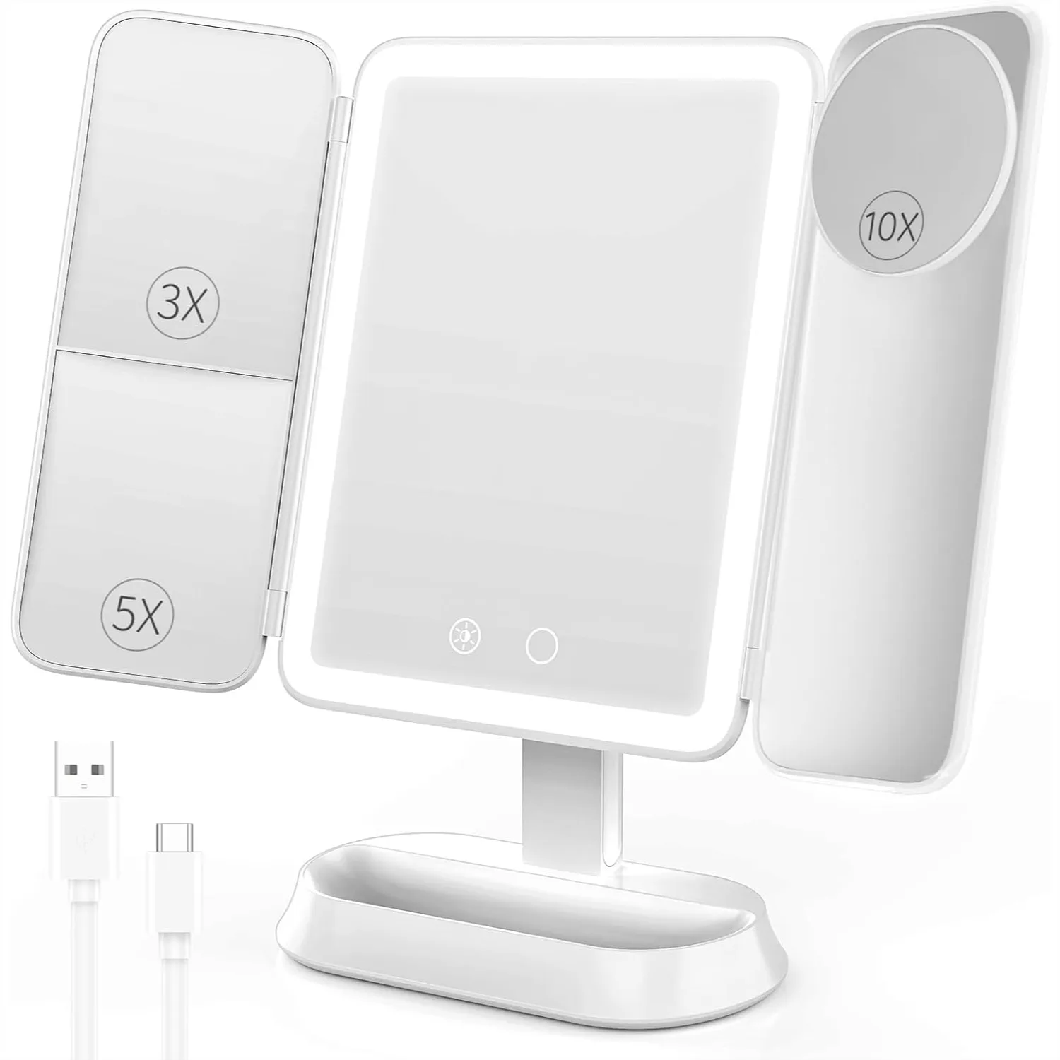 

Makeup Mirror With Lights Rechargeable 3X 5X 10X Magnification Portable Vanity Mirror For Travel Desk Gifts For Her