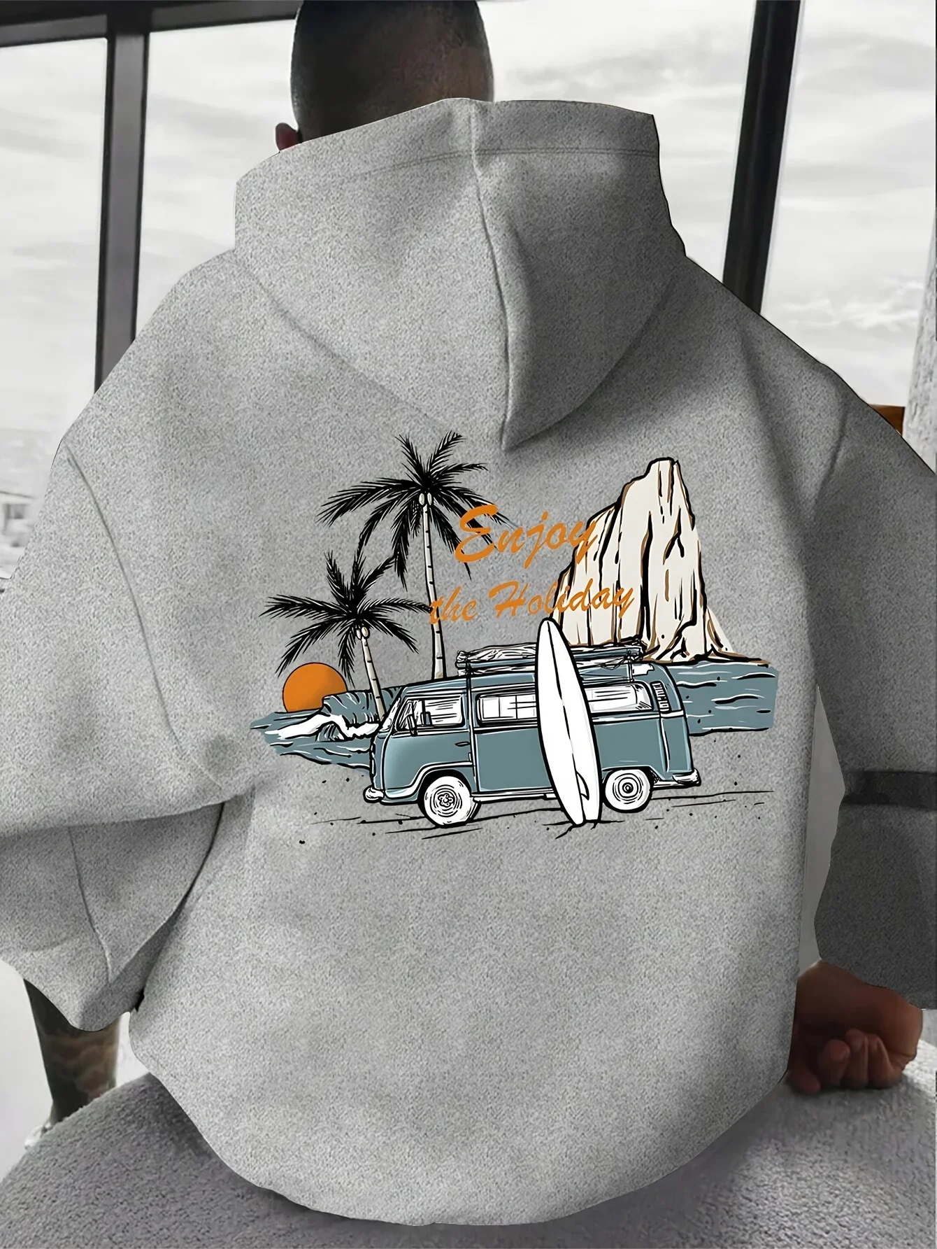 Men's Essential Minimalist Autumn/Winter Coconut Tree Print -Lined Hooded Sweatshirt