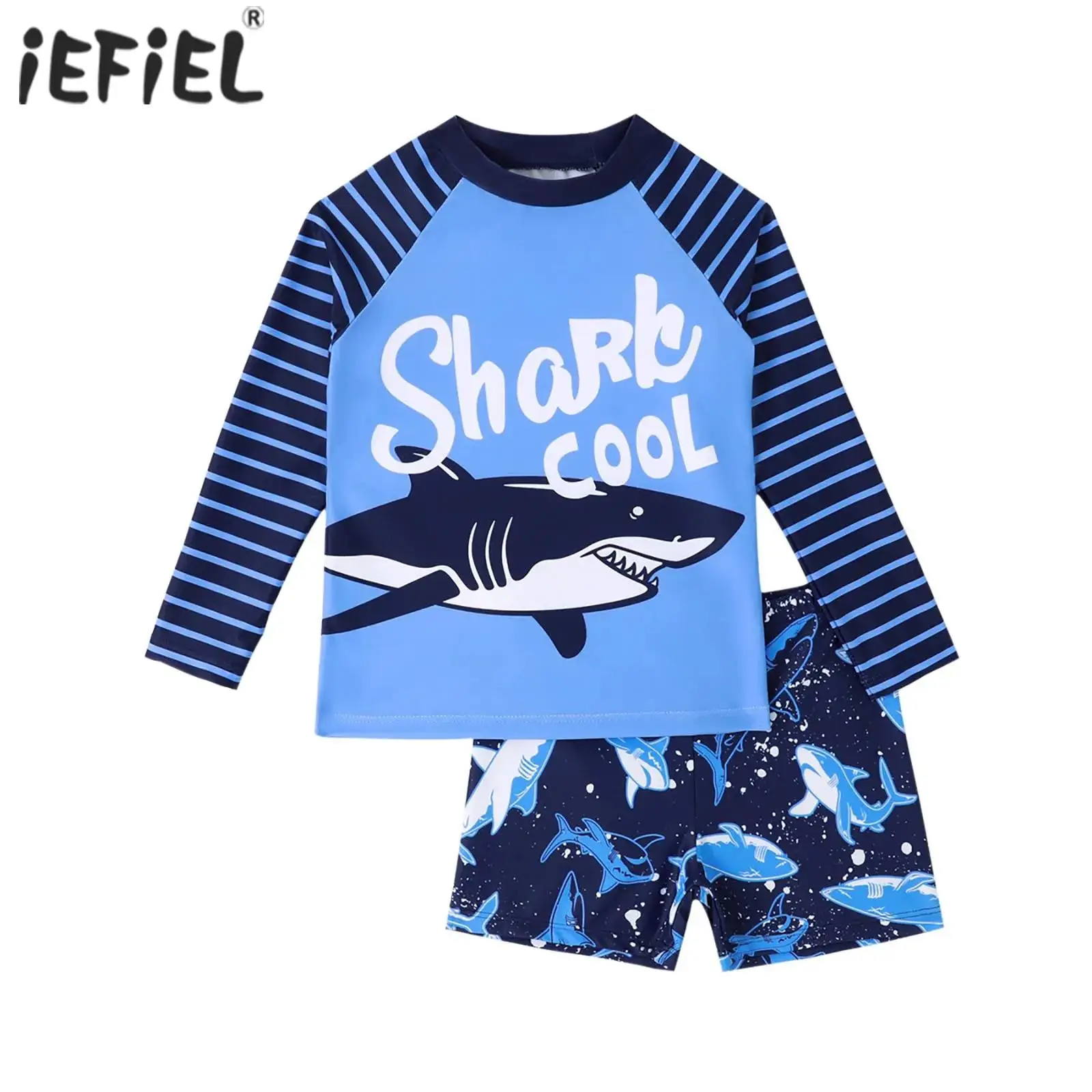 

2PCS Swimsuit for Kids Boys Swim Sets T Shirt Top with Swim Trunk Shark Print Stripes Swimwear UPF 50+ Rashguard Bathing Outfit