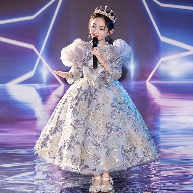 

Flower Girl Wedding Party Dresses New Gray Girls Princess Dress Round Neck Long Sleeve Long Gown Satin Prom Gowns Customized