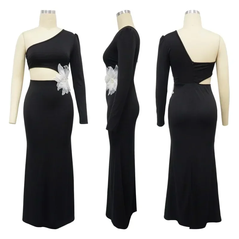 GUWU فستان نسائي طويل بخصر ثلاثي الأبعاد على شكل زهرة بكتف واحد فستان طويل لقضاء عطلة الشاطئ والسهرة وحفلات الشارع فساتين فيستدوس