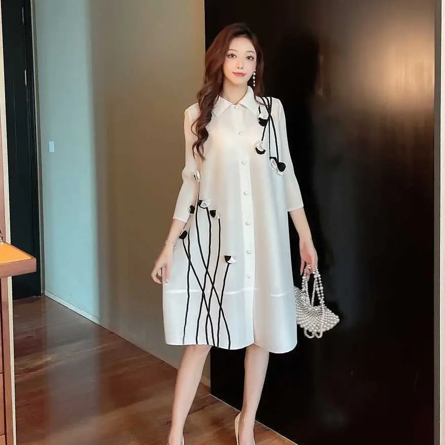 2024 Spring and Autumn National Style Flower Pattern Polo Cardigan Dress Mid Length Pocket Panel Irregular Dress Women's