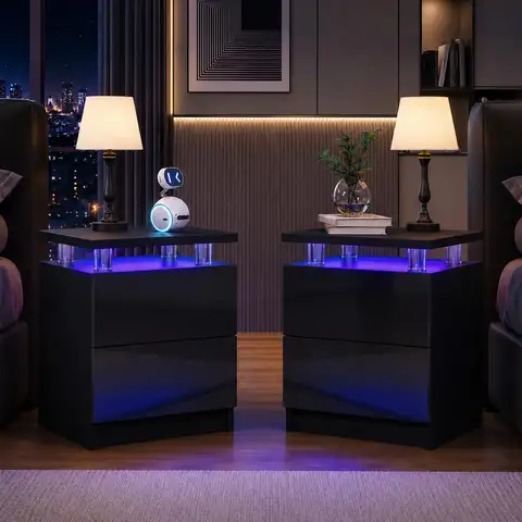 Nightstand Set of 2 with LED Lights & 2 Storage Drawers, Bedside Table for Bedroom, Black 15IN, Customized