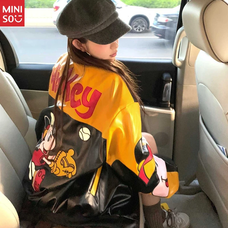 디즈니 미키 가죽 재킷, 컬러블록 노치 칼라 코트, 유니섹스 빈티지 아우터웨어