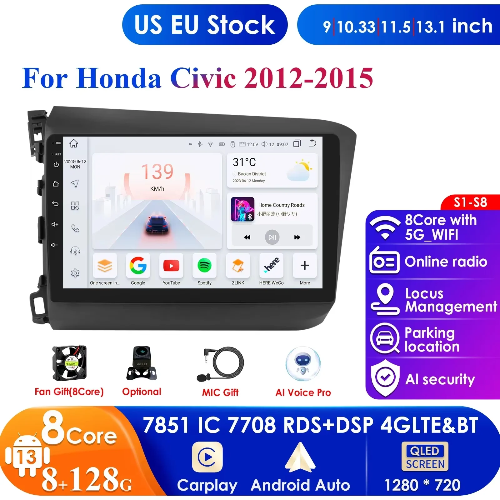 

Hizpo 9'' Android Car Radio for Honda Civic 2012 2013 2014 2015 Navigation GPS Carplay Auto 4G WIFI 7862 Car Intelligent Player