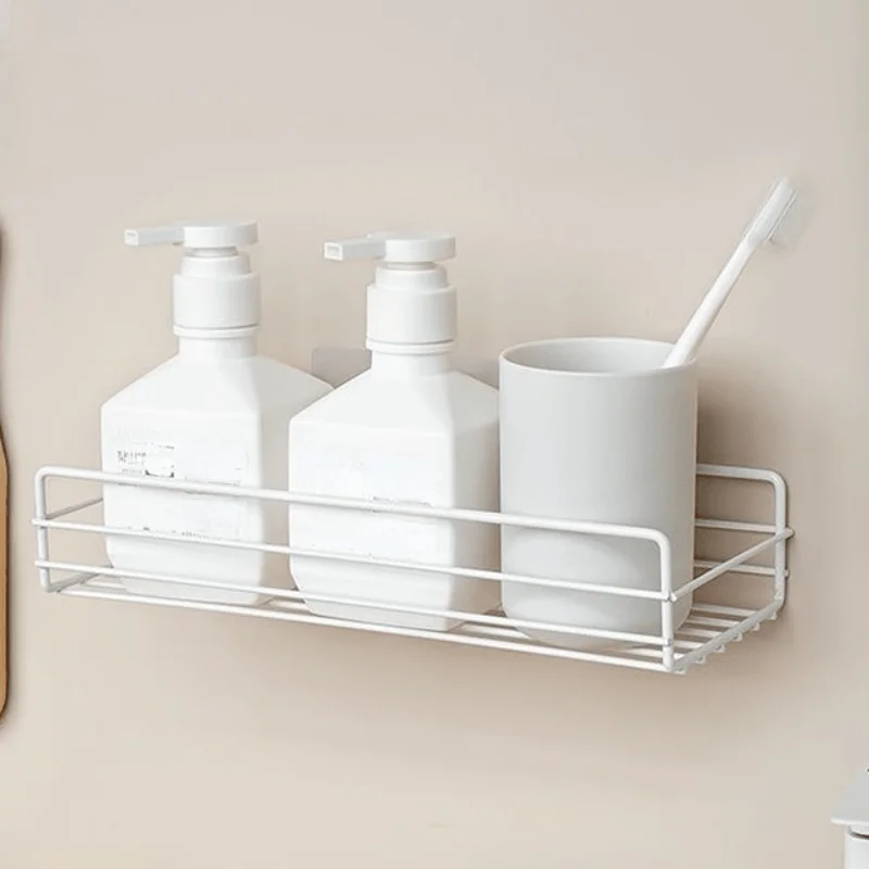 1pc Adhesive Shower Organizer Basket Rack With 2 Hooks No Drilling Large Capacity Rustproof Stainless Steel Bathroom Holder