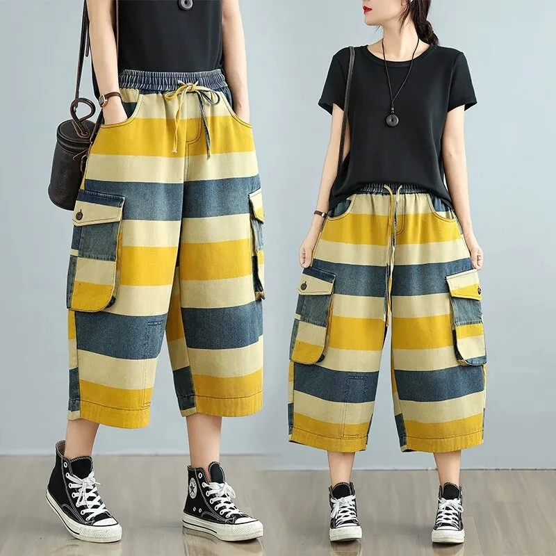 

2025 Summer Ladies Fashion Striped Jeans Bohemia Womens Patchwork Elastic Waist Denim Pants Casual Wide Leg Trousers