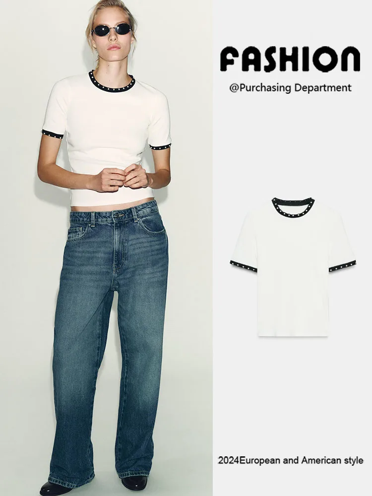 

Осень 2025: Новая модная женская футболка с круглым вырезом и коротким рукавом, в стиле колор-блок, с искусственным жемчугом, вязаный топ 5644939