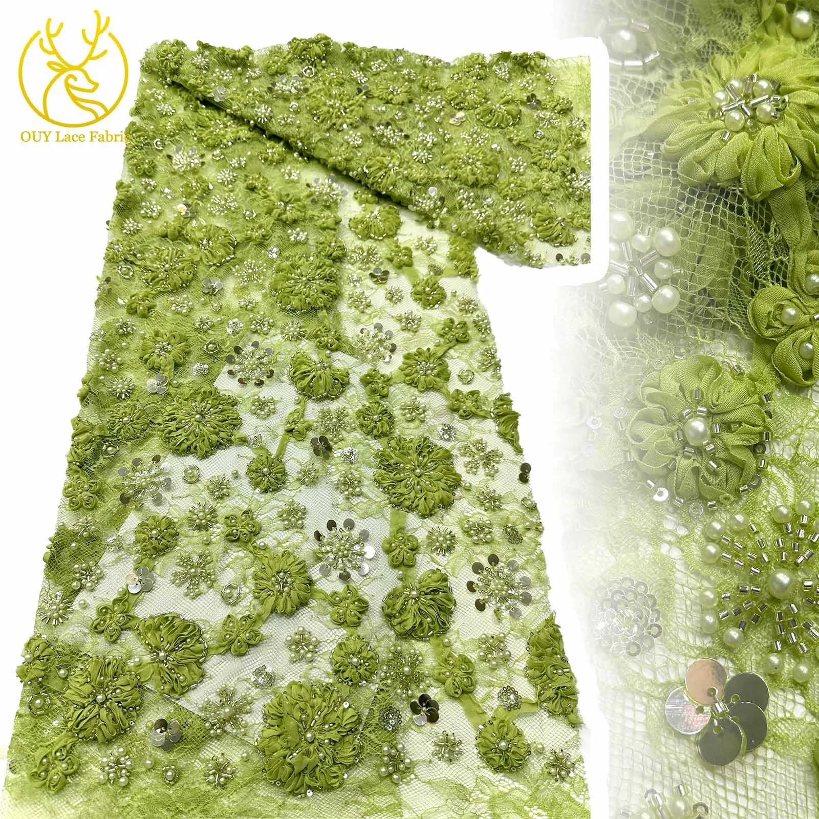 

3D Flower African Beaded Lace Fabric 2025 New French Sequins Embroidery Mesh Lace Fabric 5 Yards For Women Wedding Party Dresses