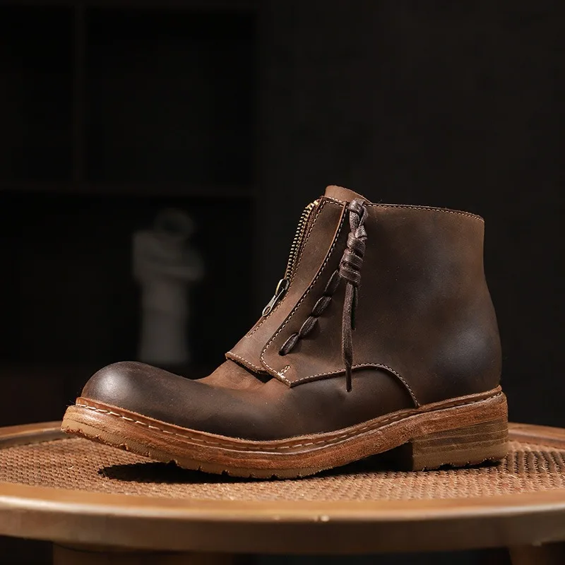 High End Washed Horsehide Knight Boots Men's Shoes Genuine Leather Thick Sole Outdoor Cowhide Wear-resistant Motorcycle Boots