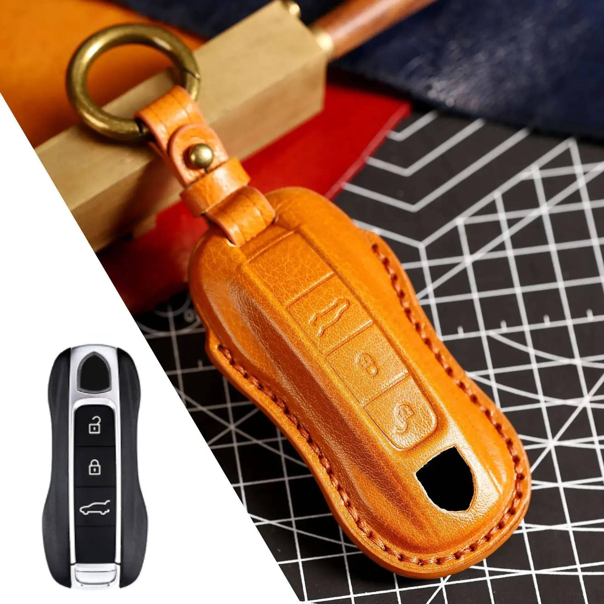 

1pc Luxury Leather Car Key Case Cover Fob Protector For Porsche Cayenne 718 958 Panamera 911 Macan Keychain Holder Keyring Shell