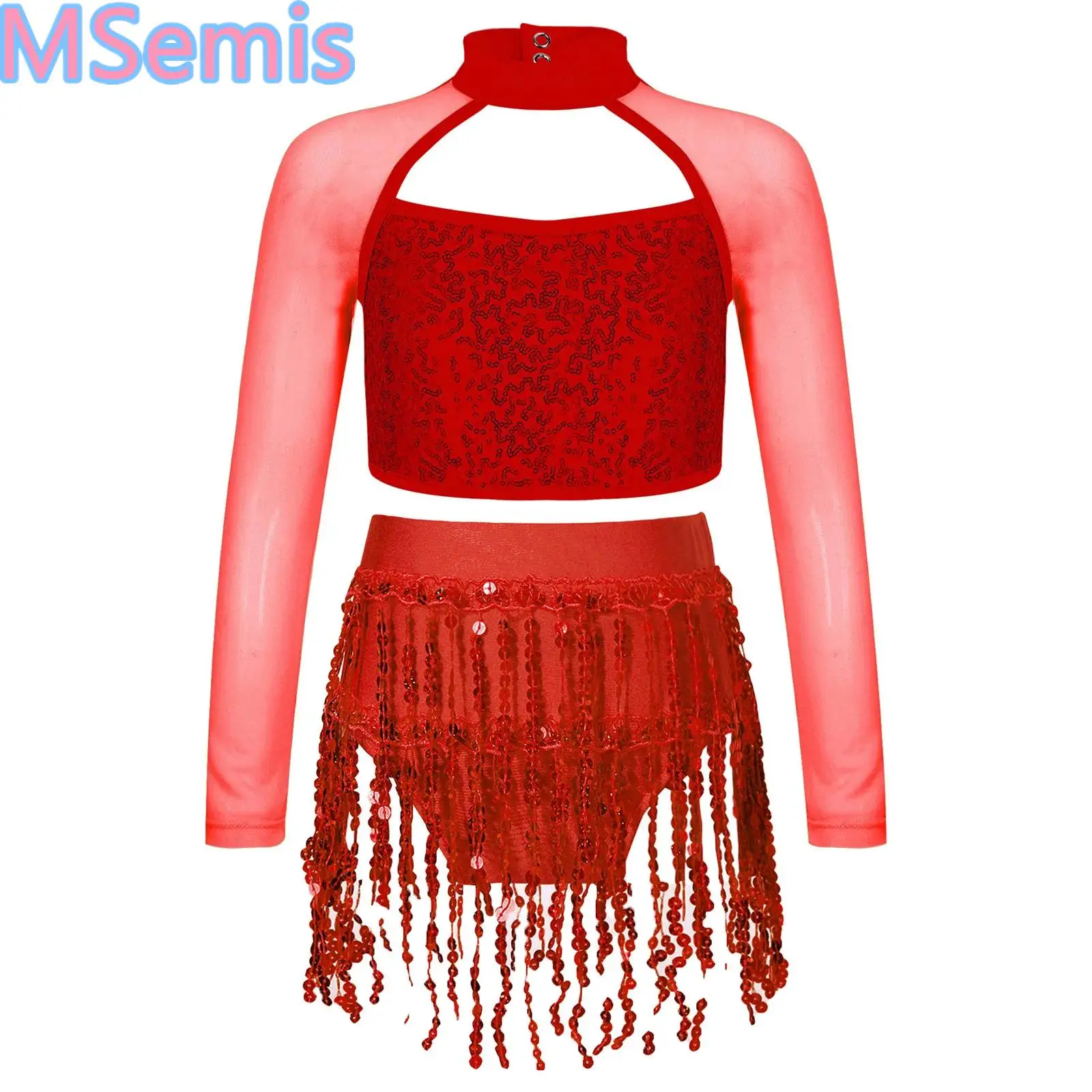 

Kids Girls Sequins Latin Dance Sets Sheer Mesh Long Sleeve Mock Neck Crop Top with Elastic Waistband Sequins Tassel Briefs