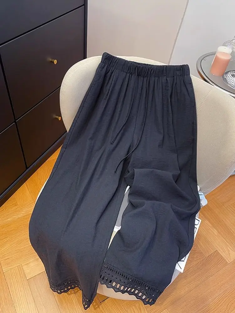 

Loose Elastic Wide Leg Pants Women's Casual Spring Summer New Style High Waist Straight Tube Pants Floral Lace Hemming