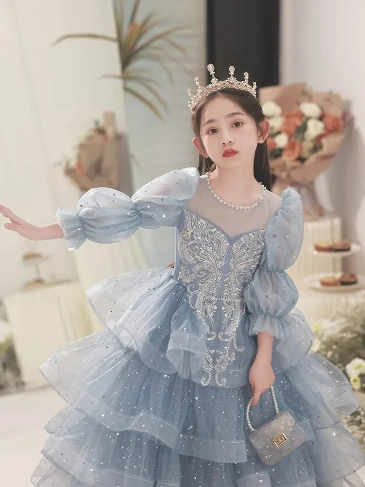 Customized Blue Fashion Baby Flower Girl Dresses Puff Sleeves Tulle Sequins Children Prom Birthday Party Gowns