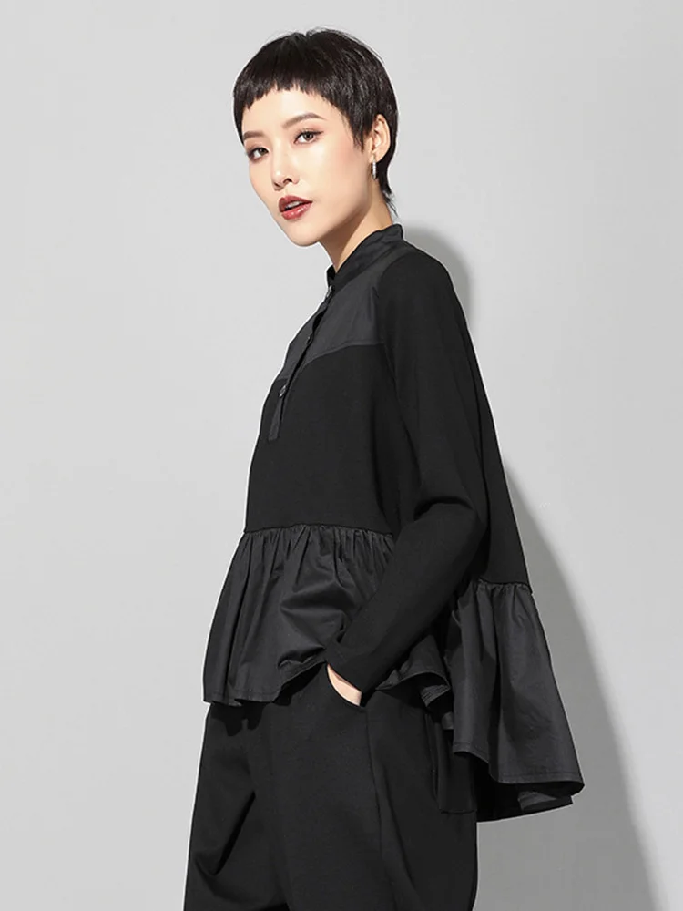 [EAM] 2024 New Spring Autumn Stand Collar Long Sleeve Black Loose Hem Pleated Stitch Irregular T-shirt Women Fashion Tide JQ016