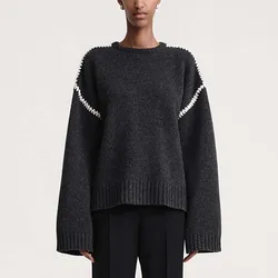 Maglione da donna con ricamo a collisione di colore di Design di nicchia 2024 primavera nuovo Y2k Pullover lavorato a maglia a maniche lunghe con scollo tondo allentato Casual