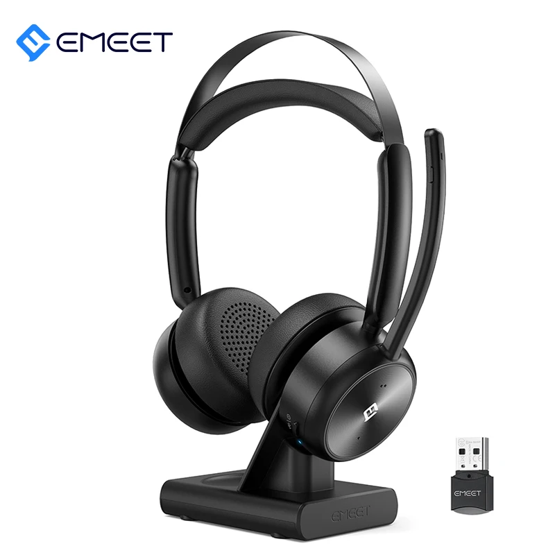 Headset Conference Wireless Bluetooth Headphones Lightweight EMEET HS80 with Mics/Charging Stand for Phones Laptop Meeting Call