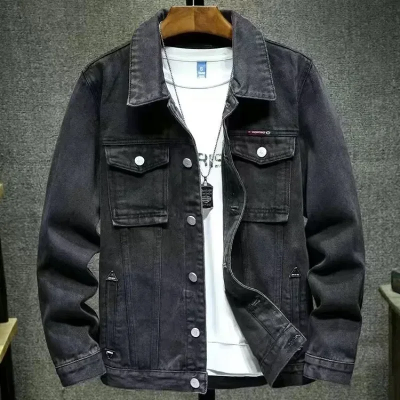 Jeans Coat for Men Biker Gray Denim Jackets Man Wide Shoulders Motorcycle Menswear Branded Fashion Winter Outerwear Casual Y2k G