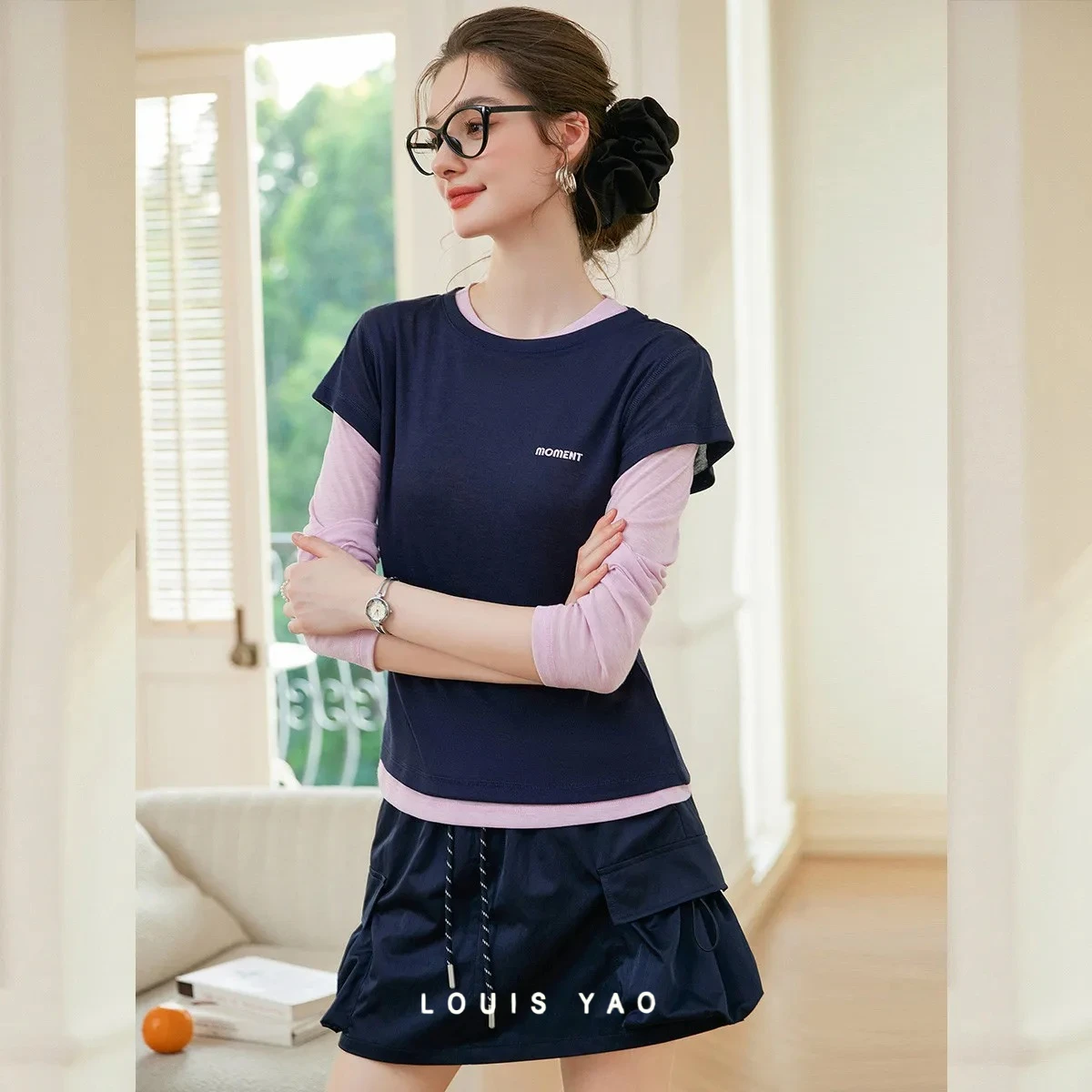 

LOUISYAO Printed Two-Piece Set 2026 Autumn Tops Fashion Two-tone Long-Sleeve Tees and Short-Sleeve T-Shirts