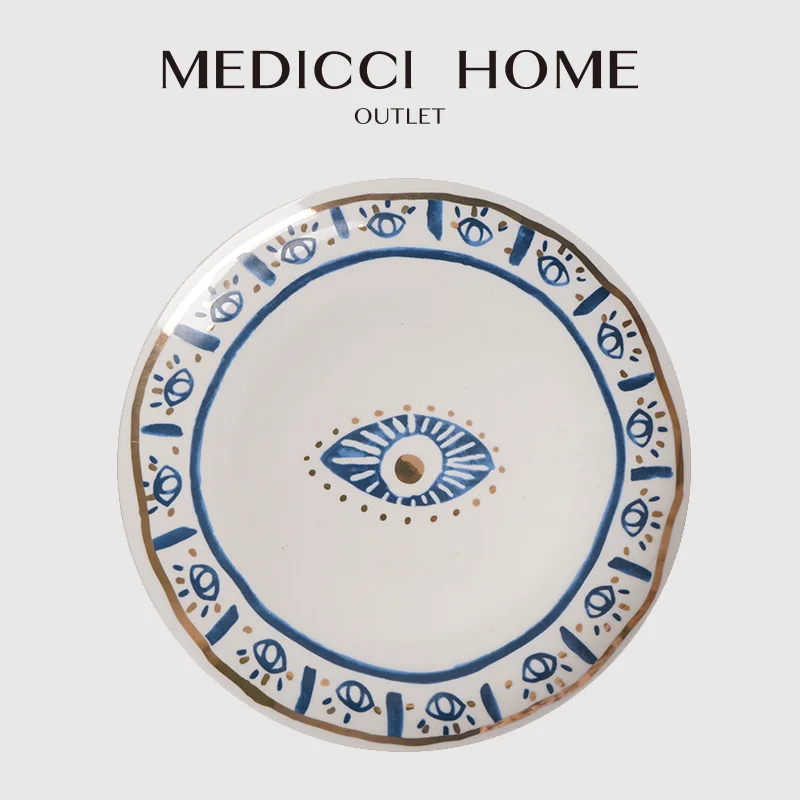 Medicci Home GG Style Decor Bright Eyes Ceramic Dinner Plate Boho Art Ornate Round Salad Dessert Plate For Party 8 Inch Diameter