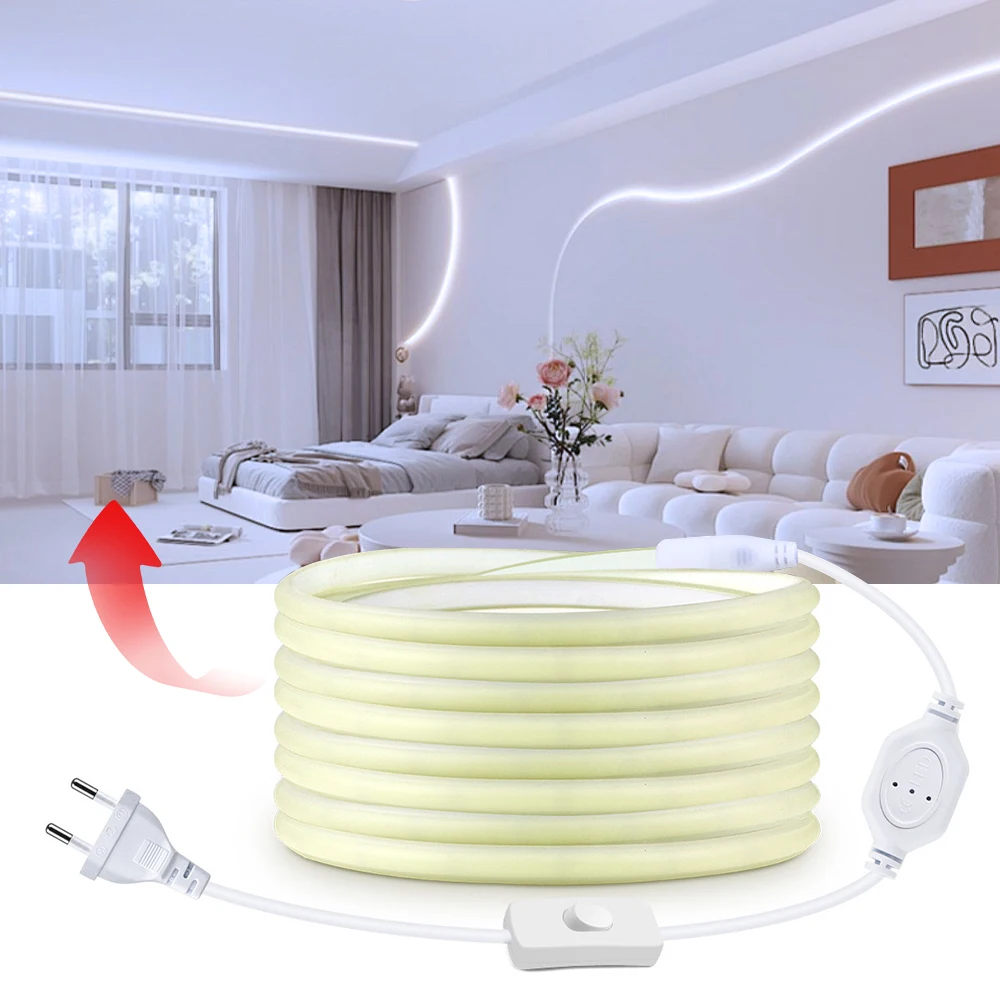 

220V Led Strip with ON/OFF Switch Waterproof COB LED Strip 220V Flexible Ribbon for Room Bedroom Kitchen Outdoor Garden Lighting