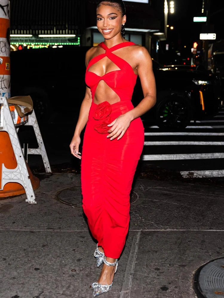 

Sexy Backless Hollow out Halter Long Dress Flower Design Sleeveless Draped Bodycon Evening Party Club Event Maxi Dress