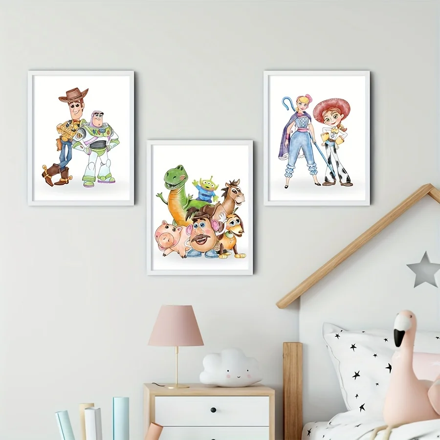 Toy Story Art Prints Watercolor Cartoon Poster Woody, Buzz Lightyear, Bo Peep, Rex Canvas Painting Playroom Wall Pictures Decor