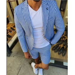 Summer Blue Pinstripe Suits For Men Single Breasted Notch Lapel Two-pieces (Jacket+Pants) Striped Set Smart Causal Full Set