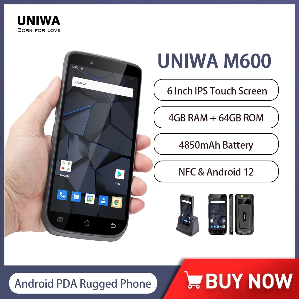 UNIWA M600 4G อุตสาหกรรมมือถือ Android PDA โทรศัพท์ที่ทนทาน 2D การสแกน 6 นิ้ว 4GB + 64GB สมาร์ทโฟน Android 12 4850mAh 13MP NFC