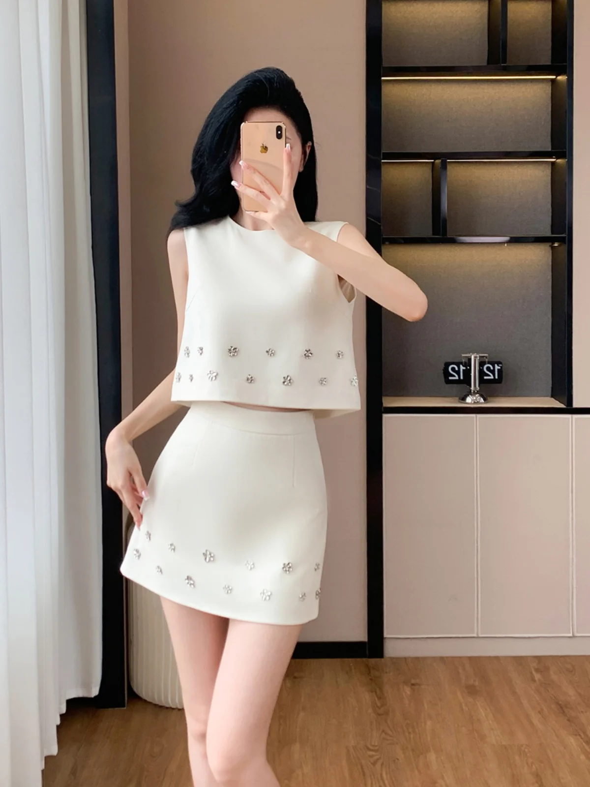 

Fashionable European Style Two-Piece Set Elegant Ladylike Sleeveless Vest Top Half-length Skirt Short Cotton Comfortable Fit