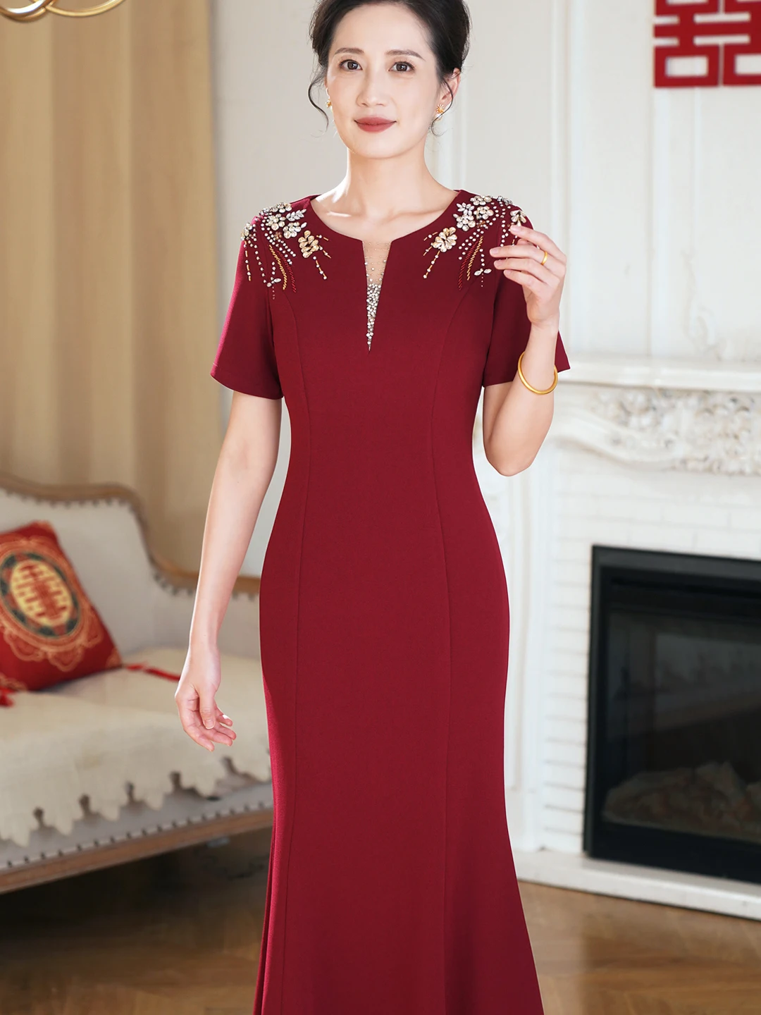 

Spring Summer Wedding Gown Knee-Length Fish-Tail Dress High-Definition Formal Dress for Mother-In-Law Dinner Party May Day Wear