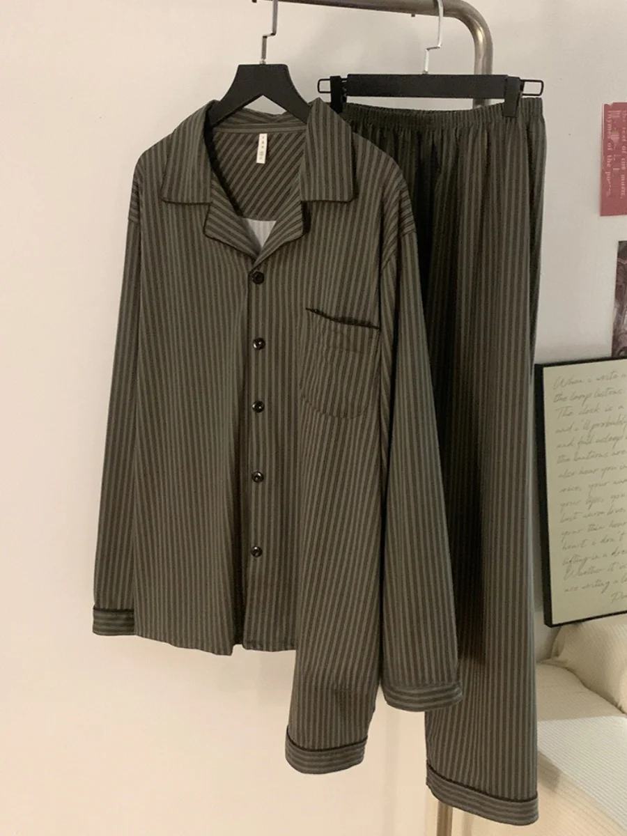 

Ele Cotton Pajamas Set for Men Long Sve Striped Home Wear Comfortable Breathable Spwear Casual Sle Spring Autumn