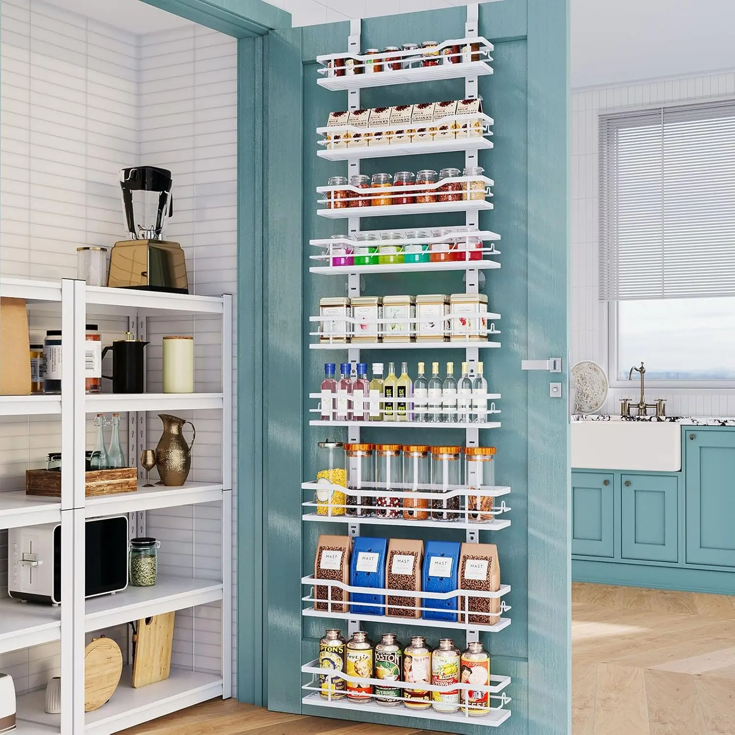 

9-Tier Adjustable Over The Door Pantry Organizer, Metal Hanging Storage for Kitchen Spices & Small Spaces
