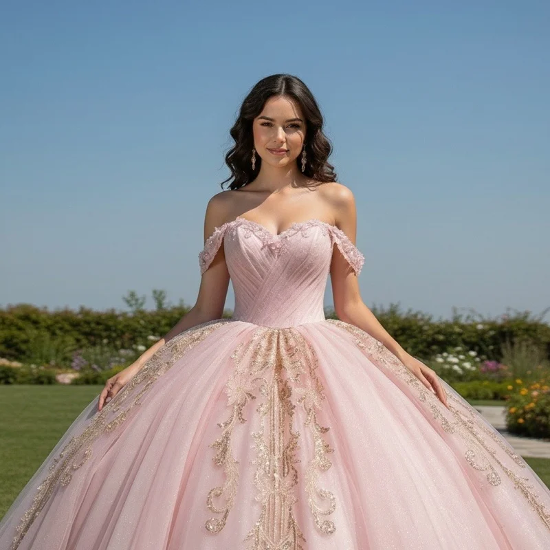 

Shiny light pink Quinceanera Dress glitter Decal Long tail Big Bow Lace Vestidos De 15 Quinceanera ﻿Customize