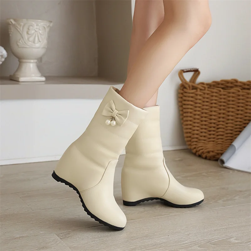 

Sweet Butterfly-knot Pearls Height Increasing Ankle Boots Ladies Slip-on Party Princess Shoes Women Winter 2023 Pink Black Beige